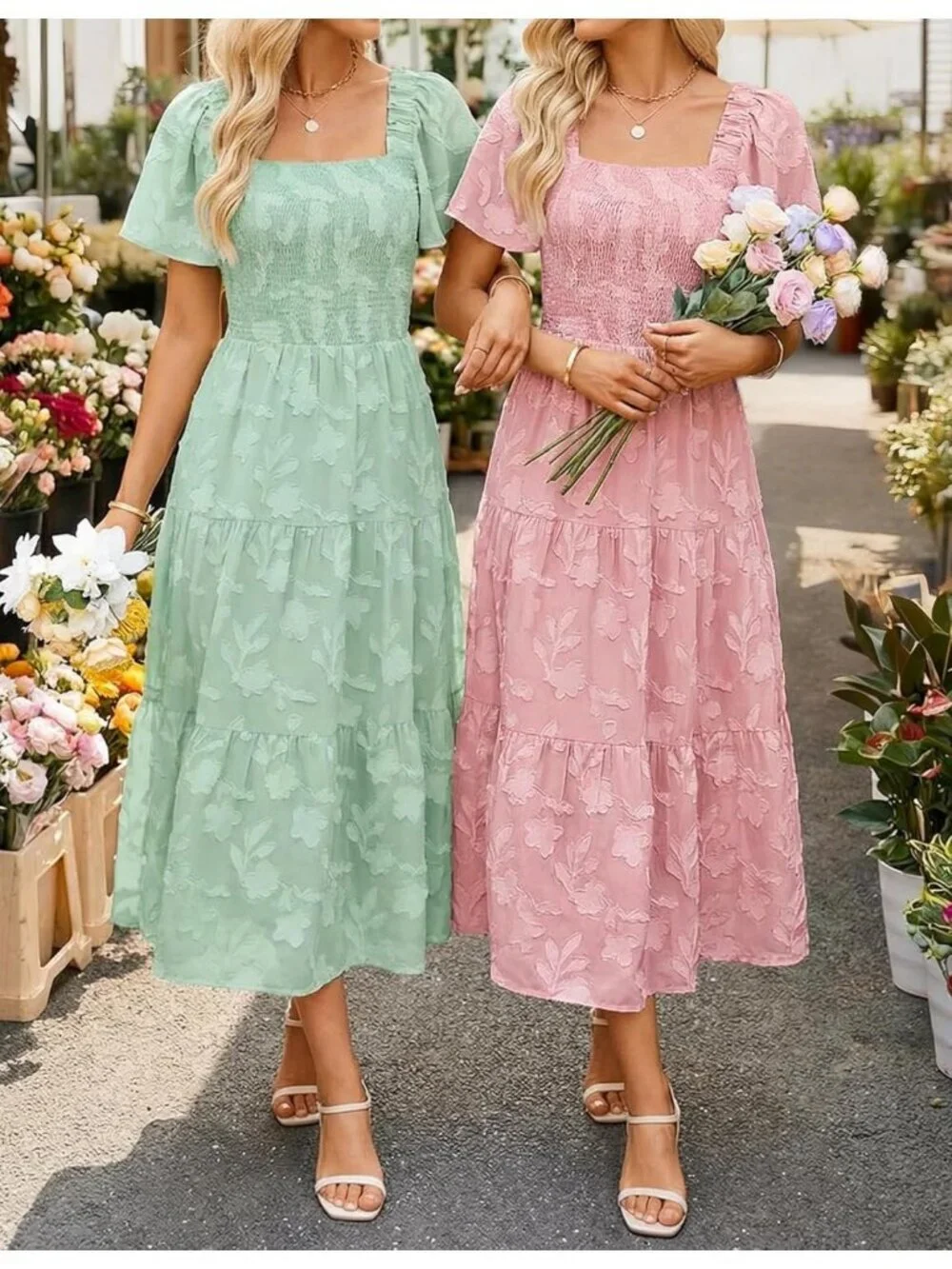 Women‘s Summer Boho Floral Midi Dress Pink Short Sleeve Square Neck Flowy Beach